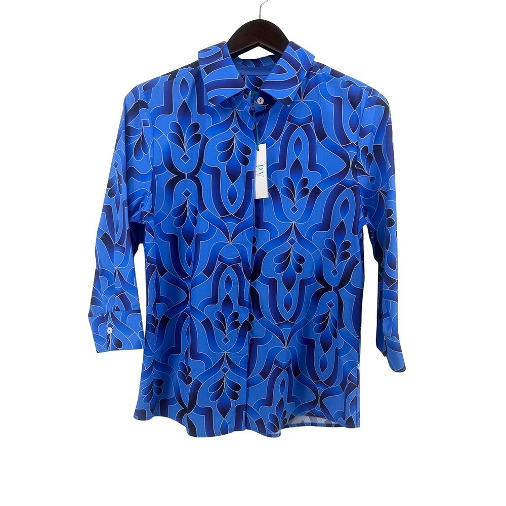 Perlavera Cindy Blue Geometric Print Cotton Button Down Shirt 3/4 Sleeve Medium